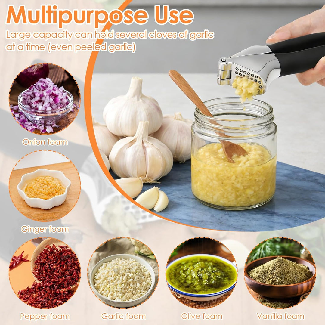 Knoblauchpresse Edelstahl,Premium Knoblauchpresse mit Sparschäler und Bürste,Garlic Press,Ingwerpres
