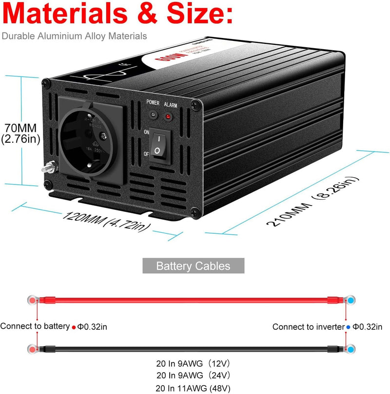 wechselrichter 12v auf 230v Reiner Sinus 600w 50HZ Spannungswandler mit Fernbedienung & Doppel-Digit