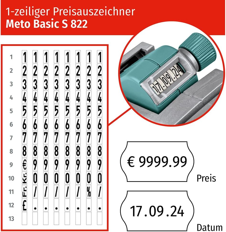 Meto Basic S Starter Kit inkl. 11.000 Etiketten – Preis, Datum, MHD (1-zeilig, 8-stellig für 22x12 m