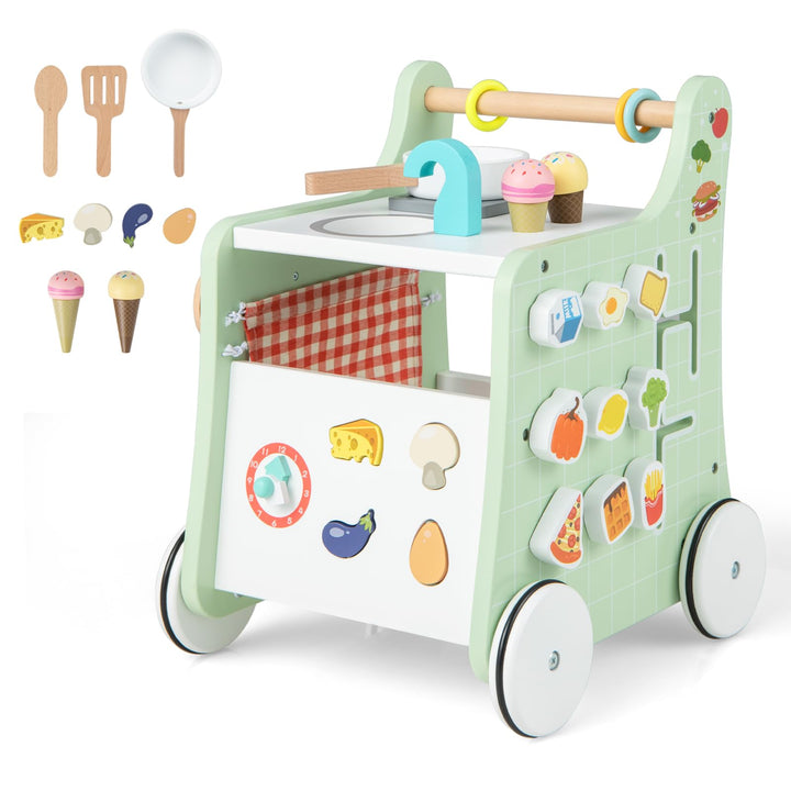 GOPLUS 6 in 1 Lauflernhilfe aus Holz, Lauflernwagen mit Spielküche, Formanpassung, beweglichem Schie