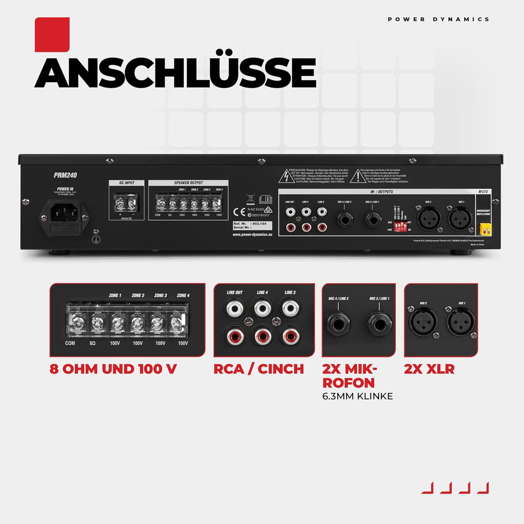 Power Dynamics PRM240-100 Volt-Verstärker für Lautsprecher- oder Musikanlagen mit u. a. Bluetoot und