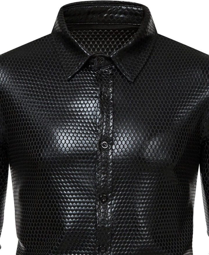 Herren Kleid Hemd Rhombus Bronzing Print Langarm Button Down Shirts 70er Jahre Disco Party Kostüm S