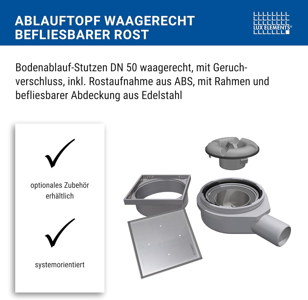 LUX ELEMENTS Waagerechter Ablauftopf TUB-BAW-DV I Ablauftopf mit befliesbarem Rost aus Edelstahl ink