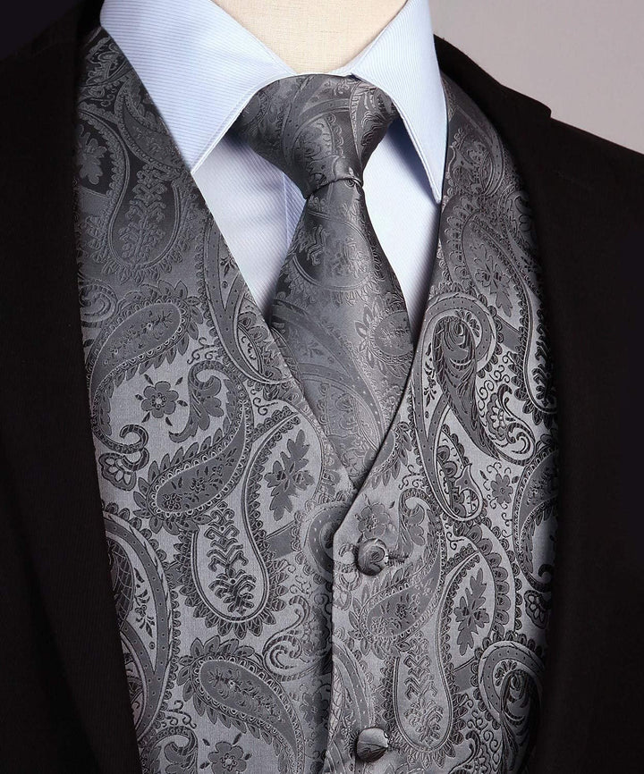 HISDERN Herren Weste Paisley Floral Jacquard Krawatte Einstecktuch Taschentuch Weste Anzug Set S Gra