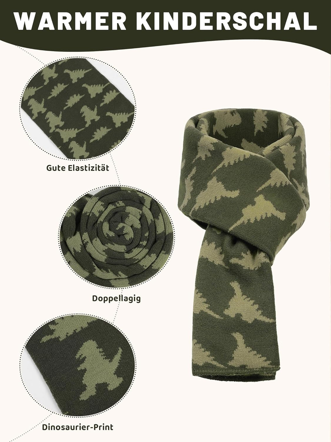 NATUST Mütze Schal Handschuh-Sets für Jungen Dinosaurier Wintermütze mit Bommel Warmer Strickschal H