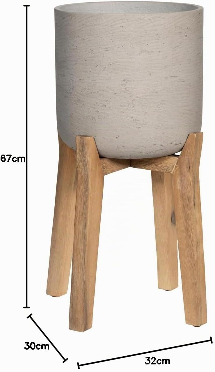 Finestgreen Charlie Feet High | Handgefertigtes Pflanzgefäss auf Holzfüssen (XL Ø:40 H:67 cm, Grau)