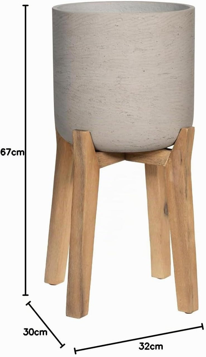 Finestgreen Charlie Feet High | Handgefertigtes Pflanzgefäss auf Holzfüssen (XL Ø:40 H:67 cm, Grau)