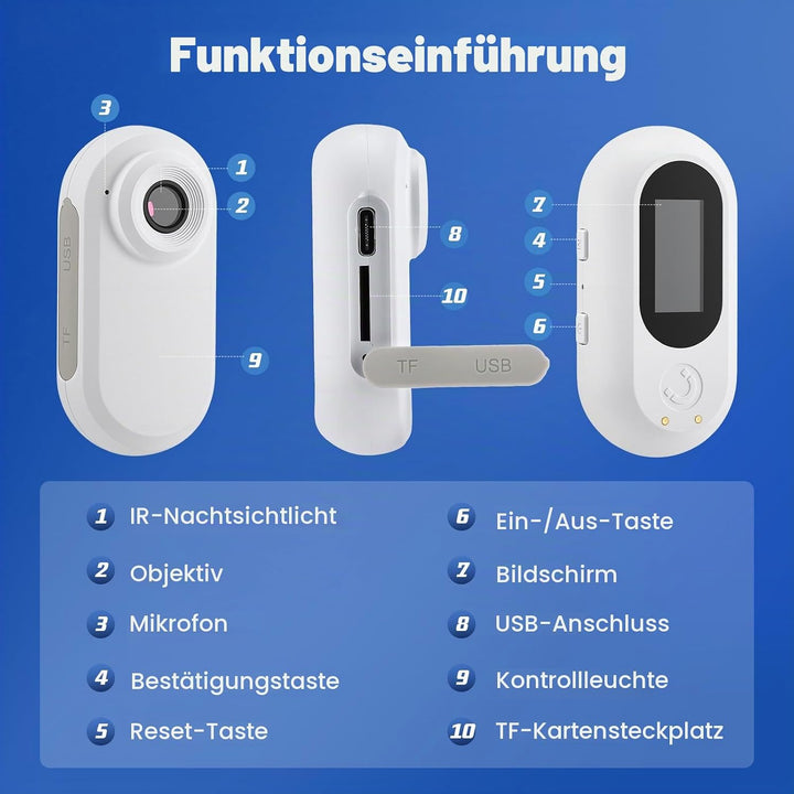 Mini Action Cam 1080P Bodycam mit Batteriefach &amp; 128GB SD-Karte, Helmkamera für Motorrad Fahrrad Spo