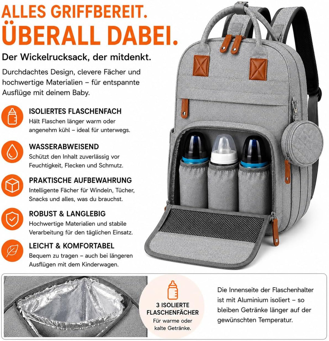 Wickeltasche Baby Wickelrucksack mit Wickelunterlage &amp; Kinderwagenbefestigung, grosser wasserabweise
