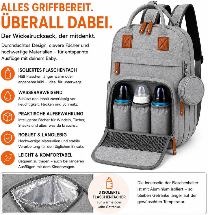 Wickeltasche Baby Wickelrucksack mit Wickelunterlage &amp; Kinderwagenbefestigung, grosser wasserabweise