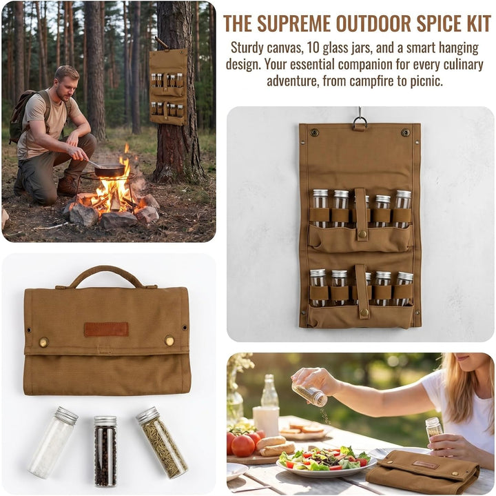 Tragbare Gewürztasche aus Segeltuch mit 10 Glasflaschen Camping Gewürzset für Outdoor BBQ, Picknick,