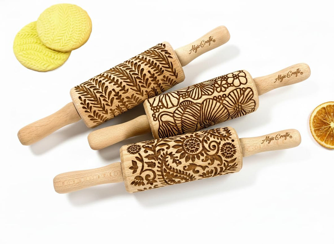 Blumen 3-er Set Kinder Nudelhölzer für hausgemachtes Gebäck. Teigrolle mit Mohn, Paisley, Blume, Flu