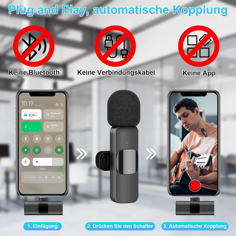 Daakro Lavalier Mikrofon Wireless für iPhone/Android/iPad/Laptop, Kabelloses Plug-Play Mikrofon für