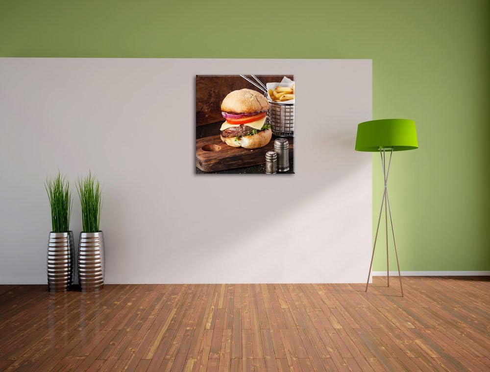 Cheesburger mit Pommes, Format: 70x70 auf Leinwand, XXL riesige Bilder fertig gerahmt mit Keilrahmen