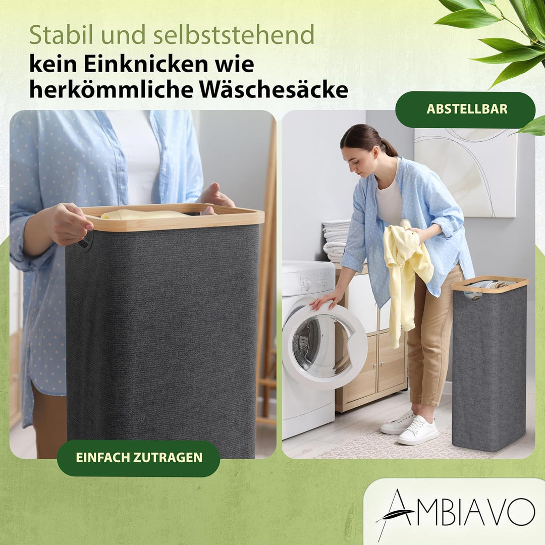 Wäschekorb 3 Fächer grau · Wäschesammler mit Ablage · Bambus | Warme Holz-Optik, schmal, riesiges Vo
