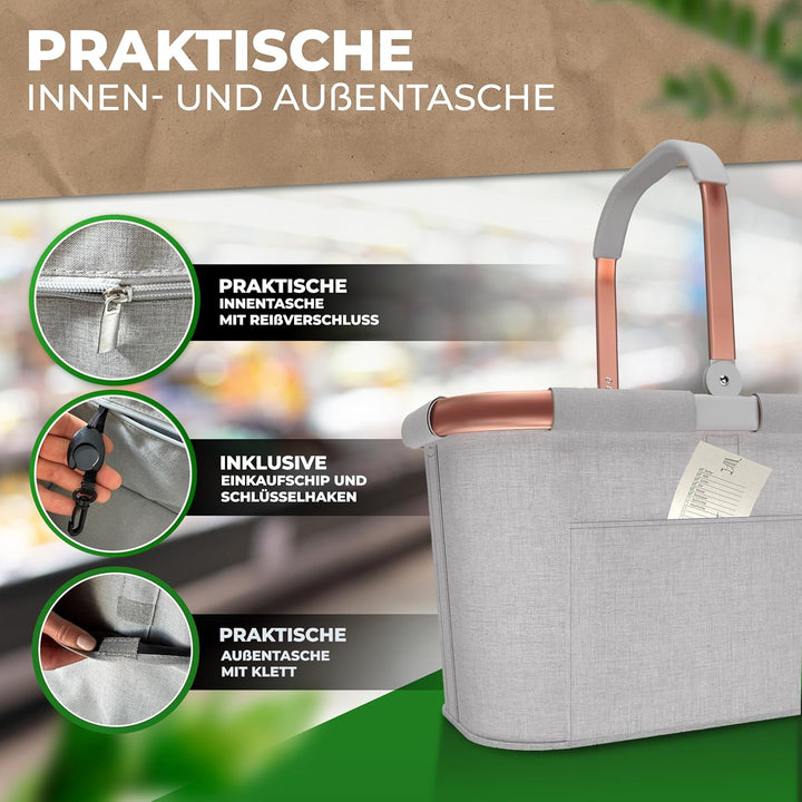 30l stabiler Einkaufskorb gross | Tragekorb mit Henkel und verstärktem Boden, Frontfach und Innentas