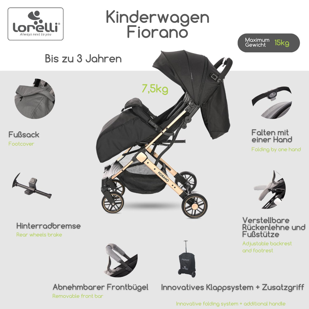 Lorelli Kinderwagen Fiorano, Reisebuggy, Baby Buggy klein zusammenklappbar, leicht, nur 7,5 kg, komp