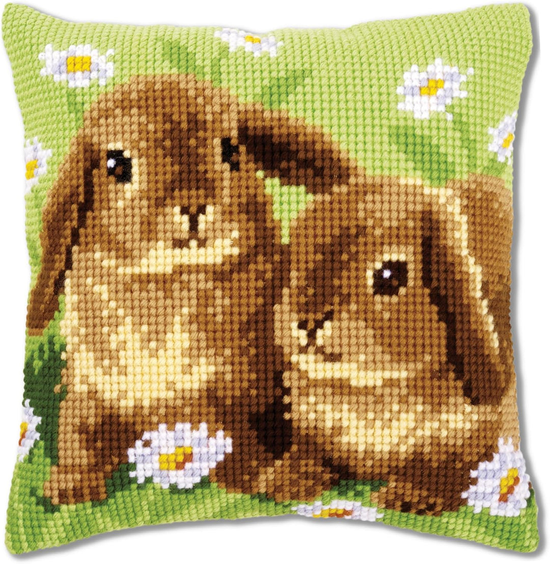 Vervaco Kreuzstichkissen 2 Kaninchen Kreuzstickpackung vorgedruckt, Stramin, weiss, 40 x 40 x 0,3 cm
