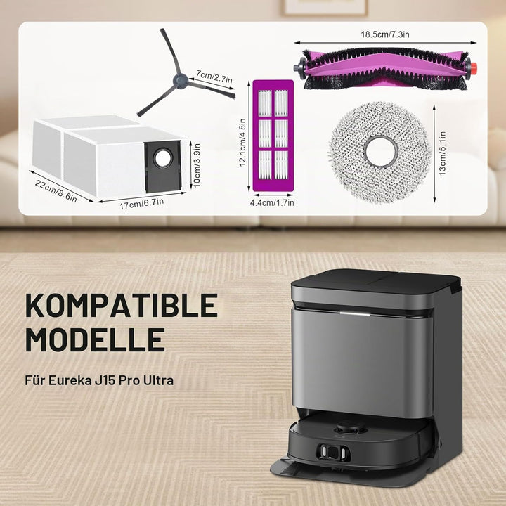 Ersatzteil für Eureka J15 Pro Ultra Staubsauger Zubehör Set, Hauptbürste,4 Wischtücher,3 Staubbeutel