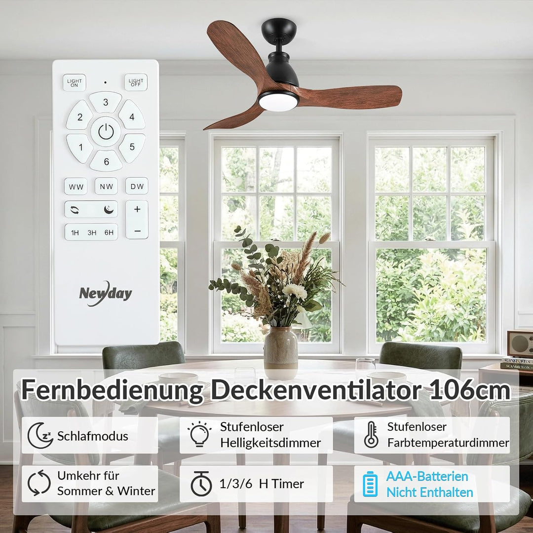 Newday Deckenventilator Holzfarbe mit Licht, 106cm Deckenventilatoren mit Fernbedienung Leise, Venti