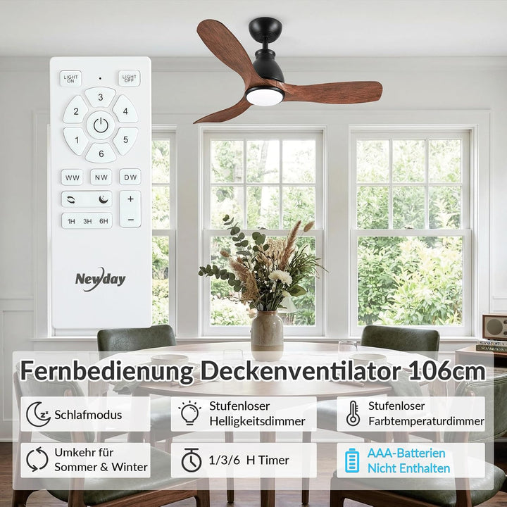 Newday Deckenventilator Holzfarbe mit Licht, 106cm Deckenventilatoren mit Fernbedienung Leise, Venti