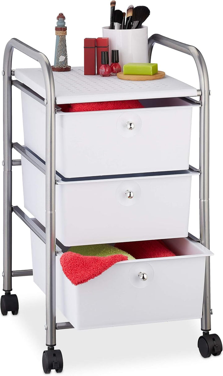 Relaxdays Badrollwagen, 3 Schubladen, Metall & Kunststoff, Rollcontainer Bad, Kosmetik, HxBxT: 60 x