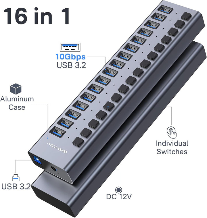 Powered USB 3.2 Hub, ACASIS 16 Ports USB 3.2 Hub mit 10Gbps Datenrate, Aluminiumgehäuse, USB Hub Pow