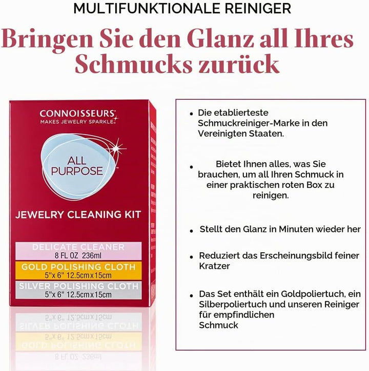 Connoisseurs Silberputzmittel Schmuckreinigungsset | Schmuckreiniger mit Gold- &amp; Silberpoliertuch |