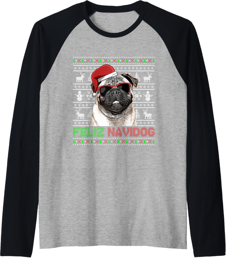 Pug Dog Feliz Navidog Lustiges Weihnachten Raglan