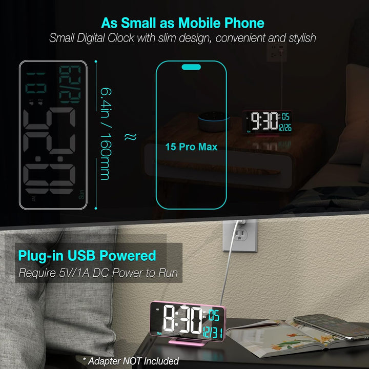 KOSUMOSU Rosa Digitaluhr für Schlafzimmer, 17 cm, Dual-Wecker mit Dimmung, 12/24 Stunden, Sekunden,