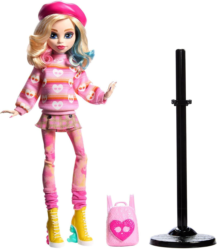 Monster High Wednesday Puppe und Accessoires, Enid Sinclair Sammelfigur in pink mit Baskenmütze und