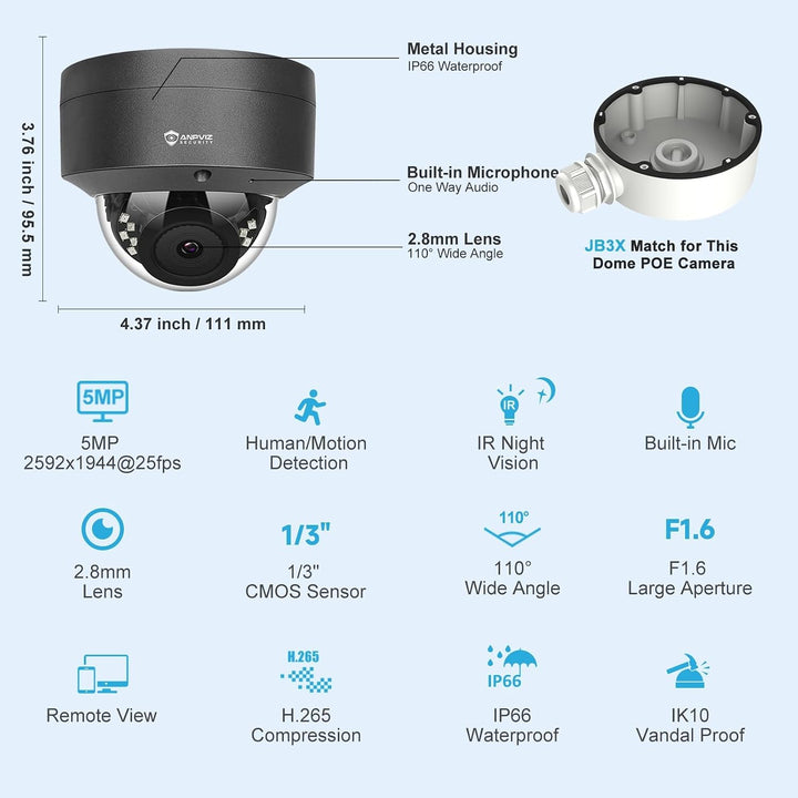 Anpviz 5MP POE IP Kamera Outdoor, Dome Überwachungskamera Aussen | Personenerkennung, 30m IR Nachtsi