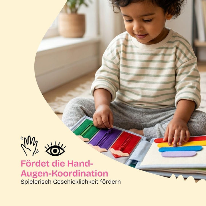 Jolly Designs 6-seitiges Mini Quiet Book Sonnenschein - Montessori Lernspielzeug aus hochwertigem St