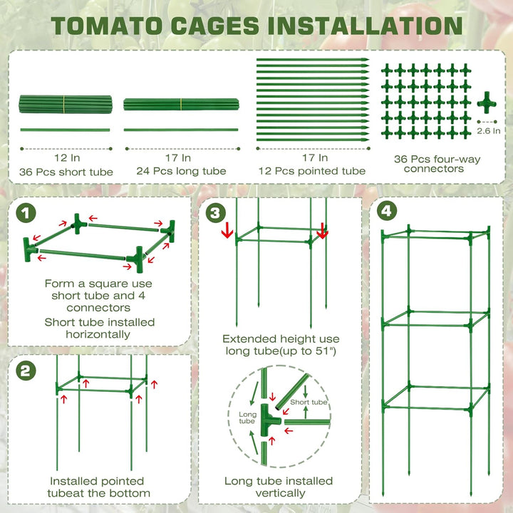 3 Stück Tomatenkäfige Quadratische Tomaten Rankhilfe, 130cm Verstellbar Tomatenturm Rankgitter Mit 5