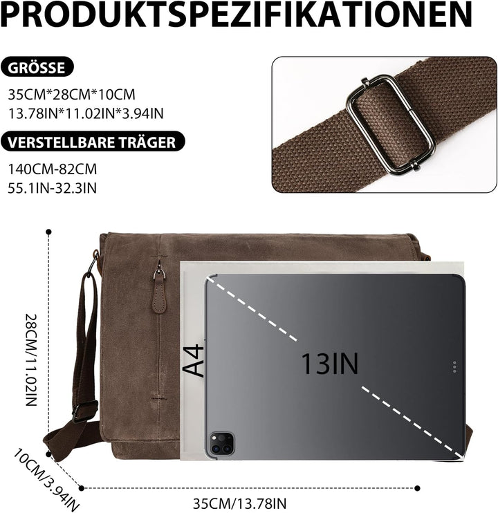 Leathario Umhängetasche Herren 13 Zoll, Messenger Bag aus Echtleder und Geöltem Segeltuch, Arbeitsta