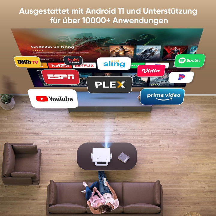 Smart Beamer Full HD 1080P mit 4K Unterstützung, Android 11, 28000 Lumens Helligkeit, 120° Verstellb