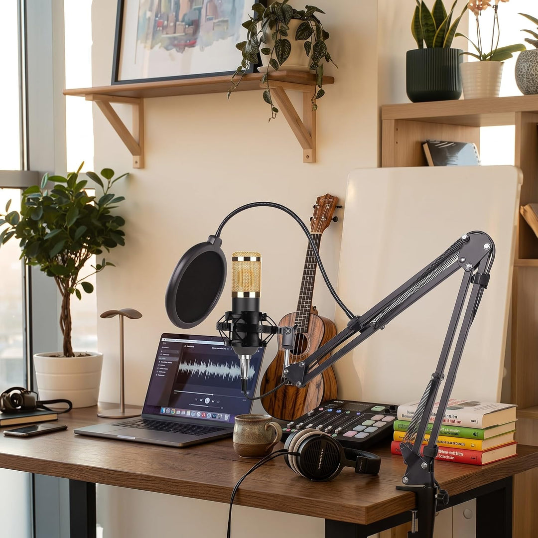 Profi Studio Kondensator Mikrofon Set, Micro mit Arm Ständer Filter Foam Kit USB Adapter Mikrofon Se