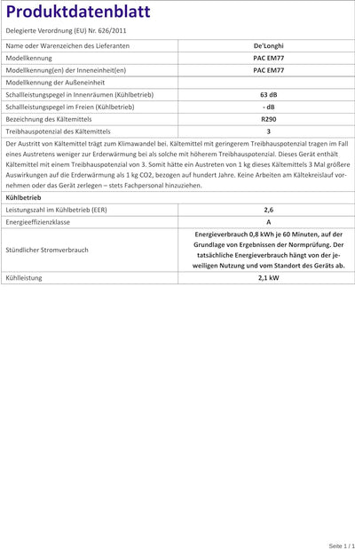 DeLonghi Pinguin Klimaanlage, leise, Timer 24 Stunden, PACEM 77, 63 Dezibel, Leistung 800 W, Weiss 2