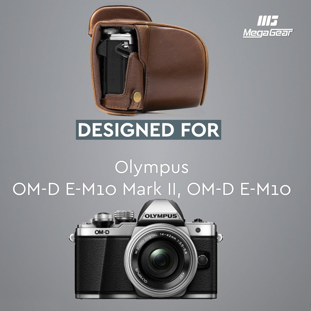 MegaGear Ever Ready Leder Kameratasche mit Trageriemen kompatibel mit Olympus OM-D E-M10 Mark II, E-