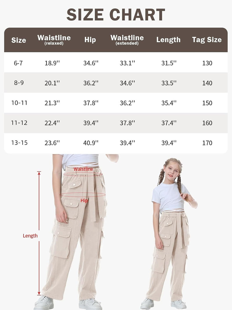 Rolanko Mädchen Baggy Cargo Hose, Elastisch Hohe Taille Gerade Weites Bein Streetwear Hose mit Mehre