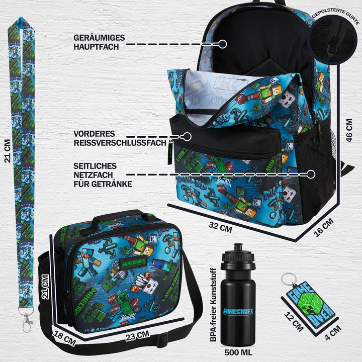 Get Trend Minecraft Rucksack Kinder 5er Set, Kinderrucksack mit Federmäppchen, Isolierte Lunchtasche