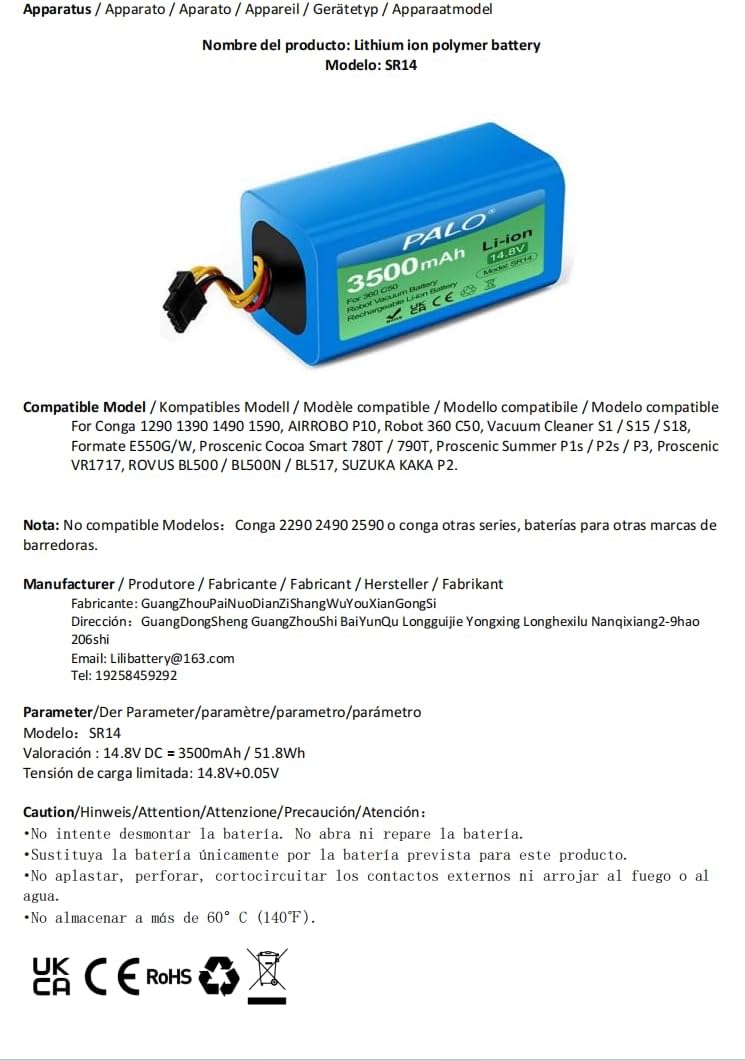 3500mAh Ersatzakku für 360 C50, AIRROBO P10, Vacuum Cleaner S1 /S15 / S18, Formate E-550G/W, Conga 1
