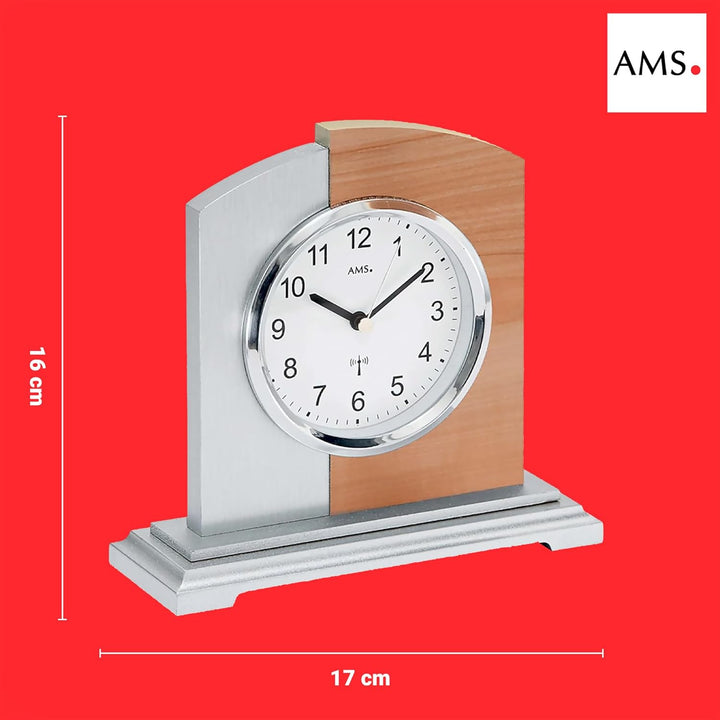 AMS 5146 Funk Tischuhr, Holzgehäuse mit Kernbuche und Aluminium-Applikation, analog mit arabischen Z