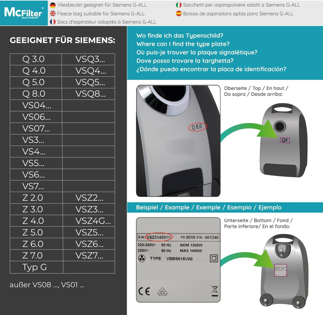 McFilter | 20 Staubsaugerbeutel passend für Siemens Baureihe VS06 synchropower und Baureihe VS08 Sta