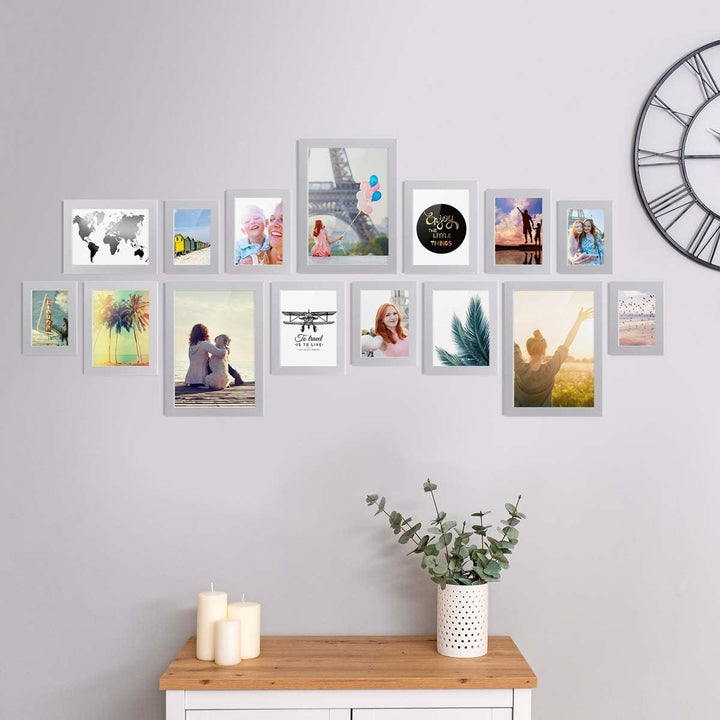 PHOTOLINI Bilderrahmen-Set Silber MDF-Holz, breite Rahmen, 15er Rahmenset, modern, bruchsicheres Acr