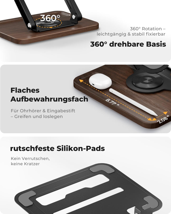 SupeDesk Laptop Ständer mit 360° drehbarer hölzerner Basis,verstellbarer Laptopständer mit Staufach,