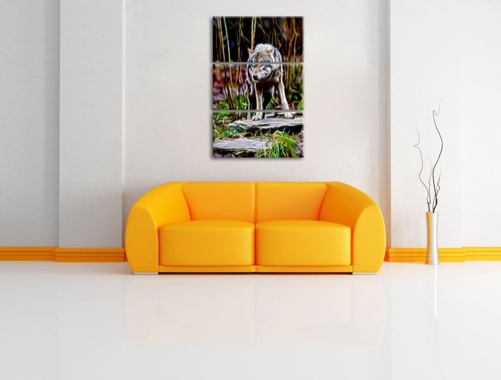 lauernder Wolf Spezial 3-Teiler Leinwandbild 120x80 Bild auf Leinwand, XXL riesige Bilder fertig ger