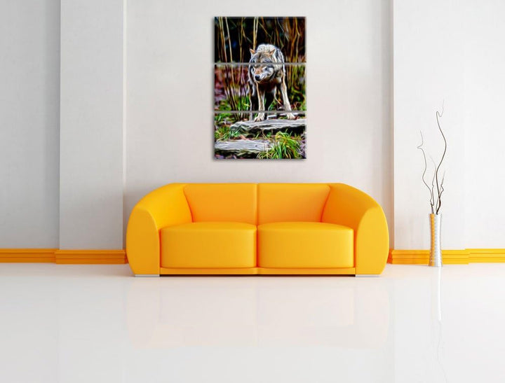 lauernder Wolf Spezial 3-Teiler Leinwandbild 120x80 Bild auf Leinwand, XXL riesige Bilder fertig ger