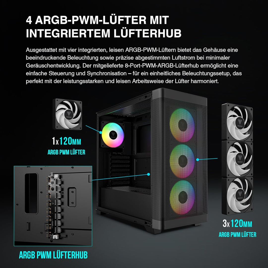 GAMDIAS TALOS M3 MESH ATX Gaming Midi-Tower PC-Gehäuse, Enthält 3 x 120mm ARGB PWM-Lüfter mit Lüfter