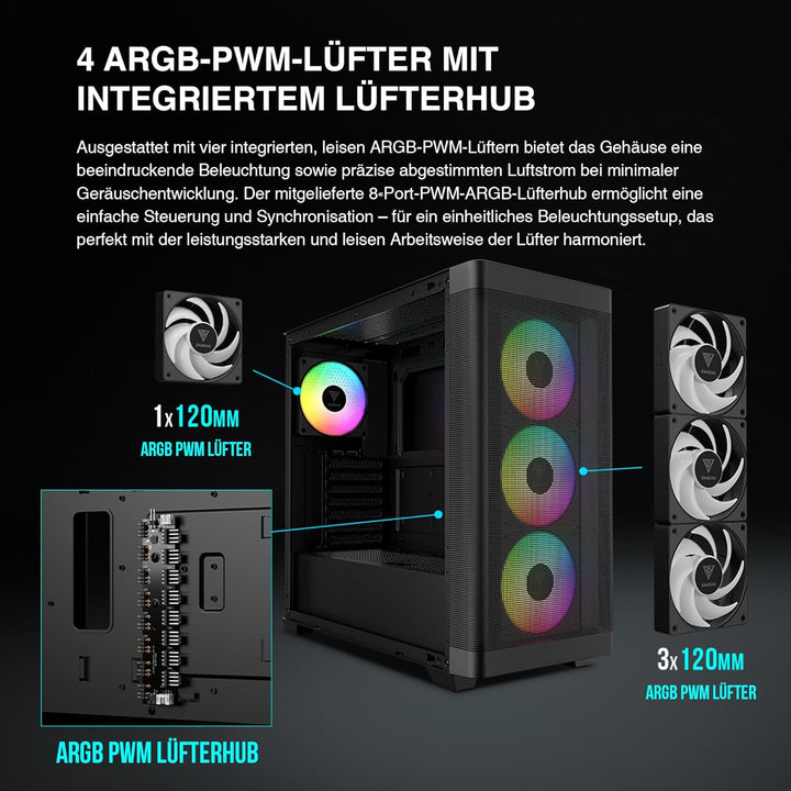 GAMDIAS TALOS M3 MESH ATX Gaming Midi-Tower PC-Gehäuse, Enthält 3 x 120mm ARGB PWM-Lüfter mit Lüfter